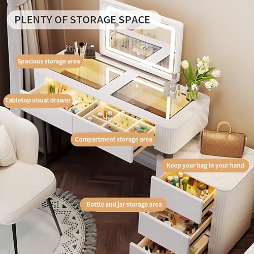 Vanity Table with Drawers - Fashion Vanity Table Set | LED Makeup Mirror & Chair Included | Solid Wood Bedroom Vanity | Atmosphere Light Design | New Makeup Experience (White, 40")