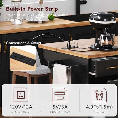 60" Kitchen Island with Drop Leaf and Power Outlet, Rolling Kitchen Cart on Wheels with Trash Can Storage Cabinet, Spice Rack, Towel Rack and Adjustable Shelf for Dining Room
