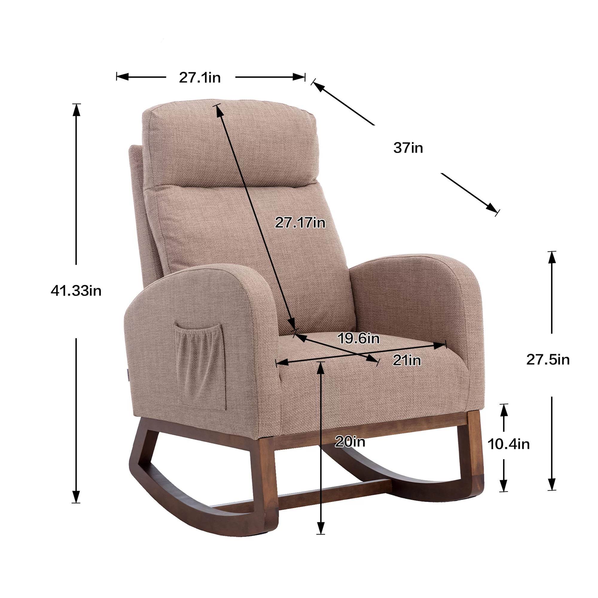 SYNGAR Modern Accent Rocking Chair, Upholstered Nursery Glider Rocker for Baby and Kids, Comfy Armchair with Side Pocket, Living Room Lounge Arm Chair, High Backrest with Wood Curved Base, Camel