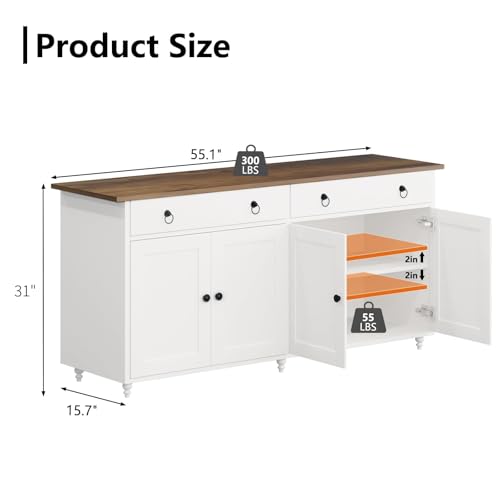 4 EVER WINNER Buffet Cabinet with Storage, 55" Sideboard Buffet Cabinet with 2 Drawers and 4 Doors, Modern Farmhouse Coffee Bar Cabinets, Wood Buffet Table for Kitchen, Dining Room, White
