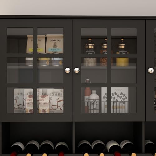 Homsee Modern Kitchen Pantry with Glass Doors, Drawers & Adjustable Shelves, Freestanding Wood Cupboard Storage Cabinet with Cup Holder for Living Room, White (47.2”W x 16.3”D x 78.9”H)