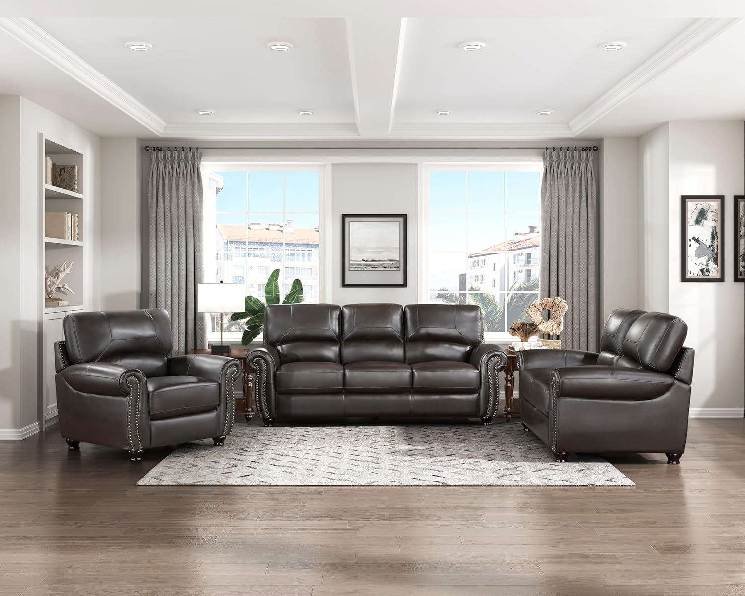 Traditional Living Room 3pc Sofa Set Brown Leather Plush Sofa Loveseat Chair
