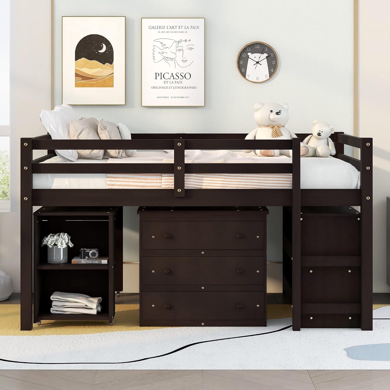 Low Study Full Loft Bed with Cabinet,Shelves and Rolling Portable Desk,Multiple Functions Bed- Espresso