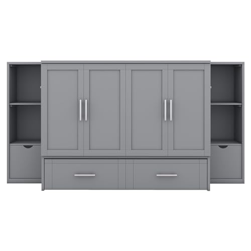Full Size Murphy Wall Bed With Storage and Bookcase Headboard, Solid Wood Cabinets With Shelves, Drawers and USB Ports, Multi-Function Platform for Home Office, Guest Room - White
