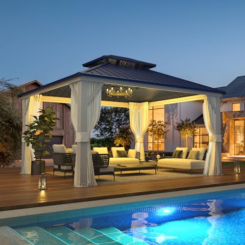 EROMMY 14'x20' Hardtop Gazebo Double Roof Galvanized Steel Canopy Outdoor Aluminum Frame Permanent Metal Pavilion with Netting and Curtains for Patio Backyard Deck and Lawns