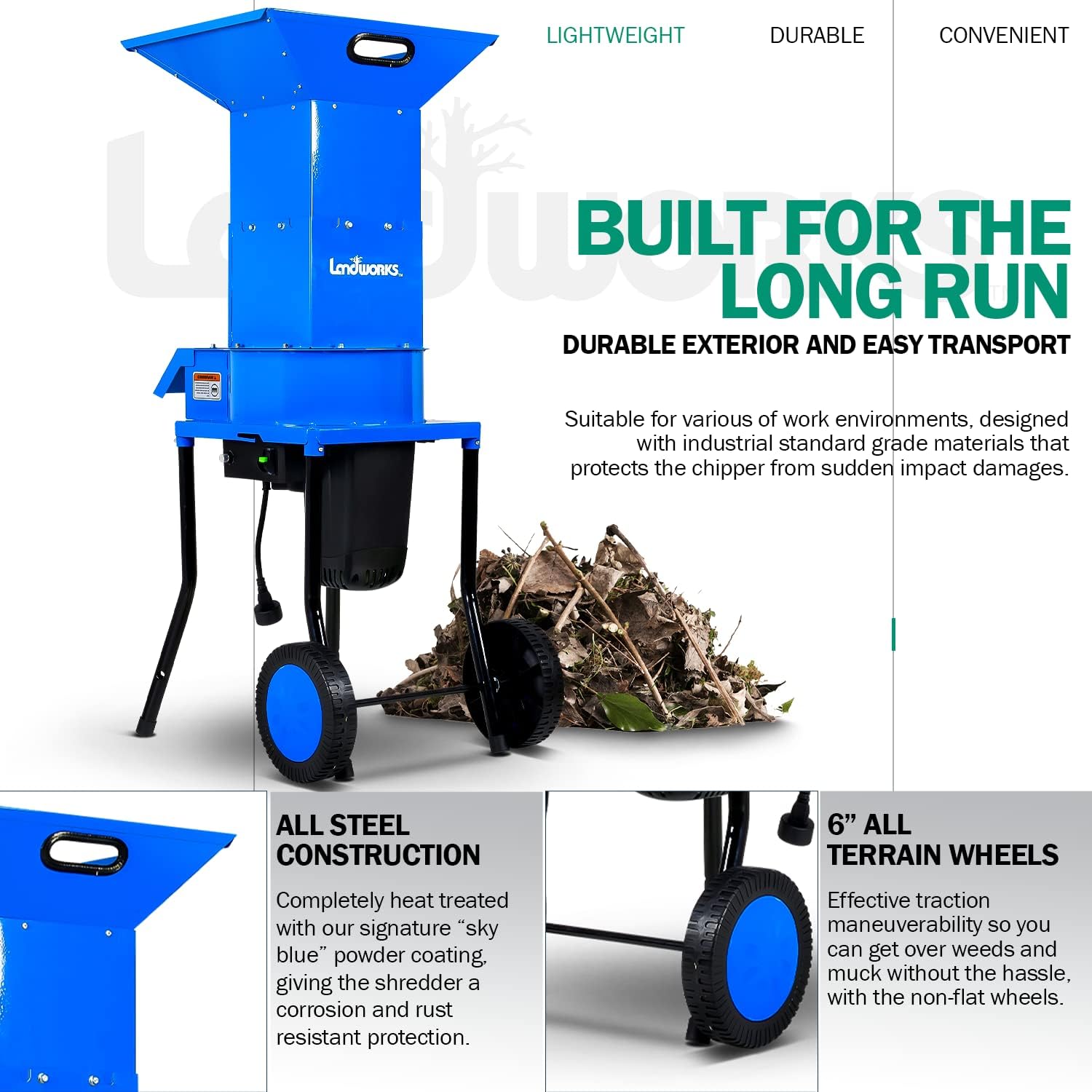 Landworks Leaf Mulcher Shredder Electric Green and Waste Management Heavy Duty 120V AC 11 Inch Cutting Blade .5 Inch Cutting Capacity for Leaves, Grass, & Clippings