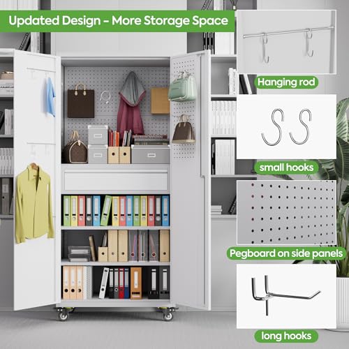 73" H Metal Storage Cabinet with Wheels, Garage Storage Cabinet with 4 Adjustable Shelves and Lockable Doors for Garage Home Office Utility Room,Required Assembly,Black