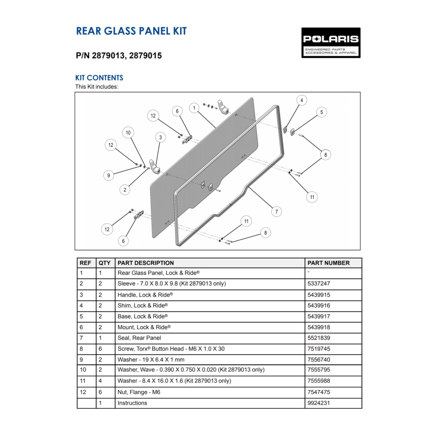 Polaris 2879013 Lock u0026 Ride Glass Rear Panel 2013-2020 1000 Ranger 900 Crew XP
