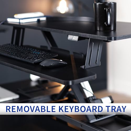 VIVO 42 inch Electric Motor Desk Converter, Height Adjustable Riser, Sit to Stand Dual Monitor and Laptop Workstation with Wide Keyboard Tray, Black, DESK-VE42B