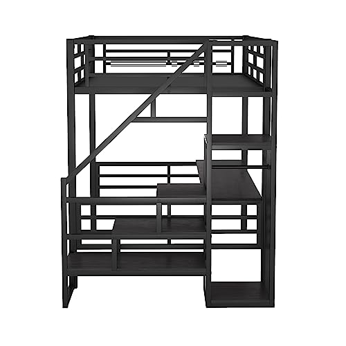 Metal Loft Bed with Desk, Storage Stairs Can Be Installed Left Or Right Full Size Bed Frame Storage Staircase and Small Wardrobe and Full-length Guardrail for Bedroom (White)