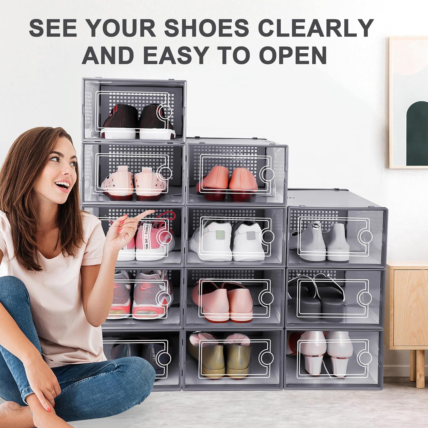Large Shoe Organizers Storage Boxes for Closet, 12 Pack Clear Plastic Stackable Storage Bins with Lids, Under Bed Shoe Containers for Entryway, Drop Front, Fit up to Women's Size 10,Dark Gray