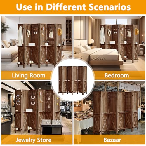 4 Panel Pegboard Display with 16 Hooks, Wooden Pegboard Room Divider Wall with Shelf, Rustic Room Dividers and Folding Privacy Screens, Bedroom, Jewelry Store, Brown
