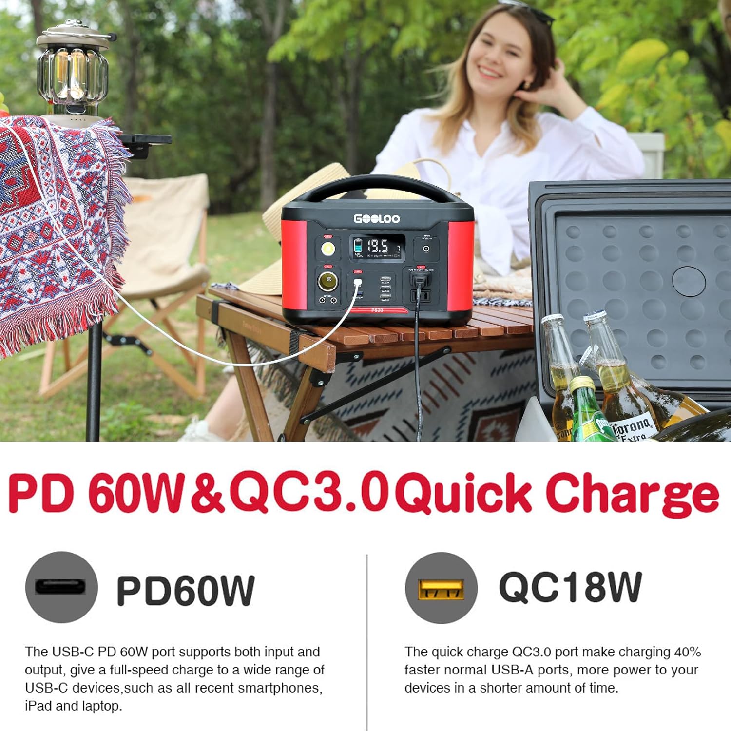 GOOLOO Portable Power Station P600, 626Wh Outdoor Generator with 110V/600W (Peak 1200W) AC Outlets & LED Flashlight, SuperSafe Backup Lithium Battery for Outdoor RV/Van Camping, Emergency
