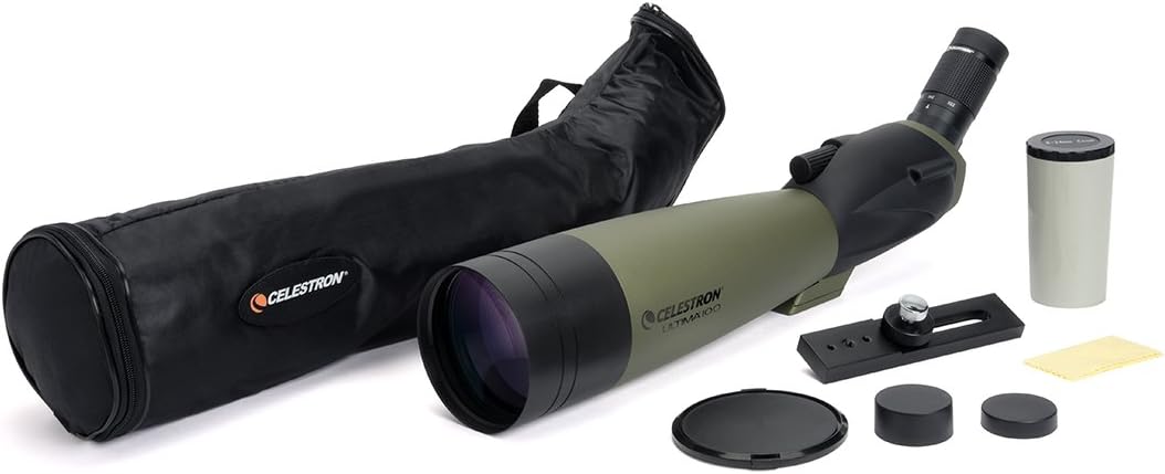Celestron – Ultima 100 Angled Spotting Scope – 22 to 66x100mm Zoom Eyepiece – Multi-Coated Optics for Bird Watching, Wildlife, Scenery and Hunting – Waterproof & Fogproof– Includes Soft Carrying Case