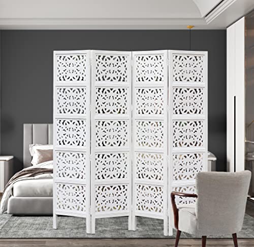 Room Divider Wood Screen - Ghanti Bells Antique Brown - 4 Panel Folding 72 x 80 - Assembled Hand Carved Decorative Functional Versatile Portable Partition Reversible Privacy Boho - COTTON CRAFT