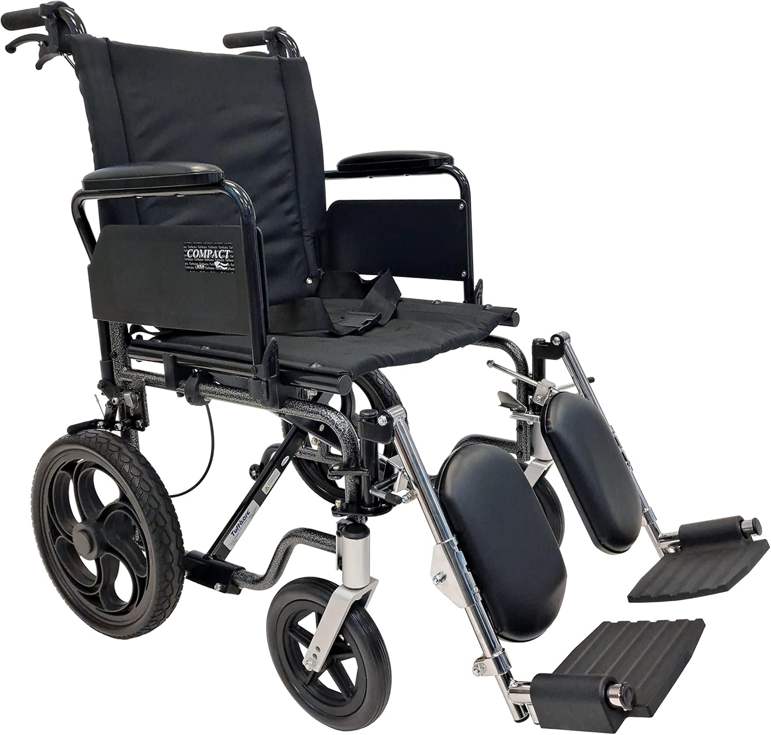 Tuffcare Compact High Strength Lightweight Transport Chair with Locking Hand Brakes, 12 Rear Wheels, Swing Back Arms and Anti-Tippers (Standard 18, Footrest)