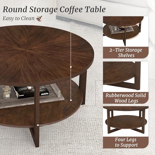 Round Coffee Table, 35" Rustic Modern Circle Coffee Tables with 2-Tier Storage Shelf, Sofa Table, Cocktail Table for Living Room, Dark Brown