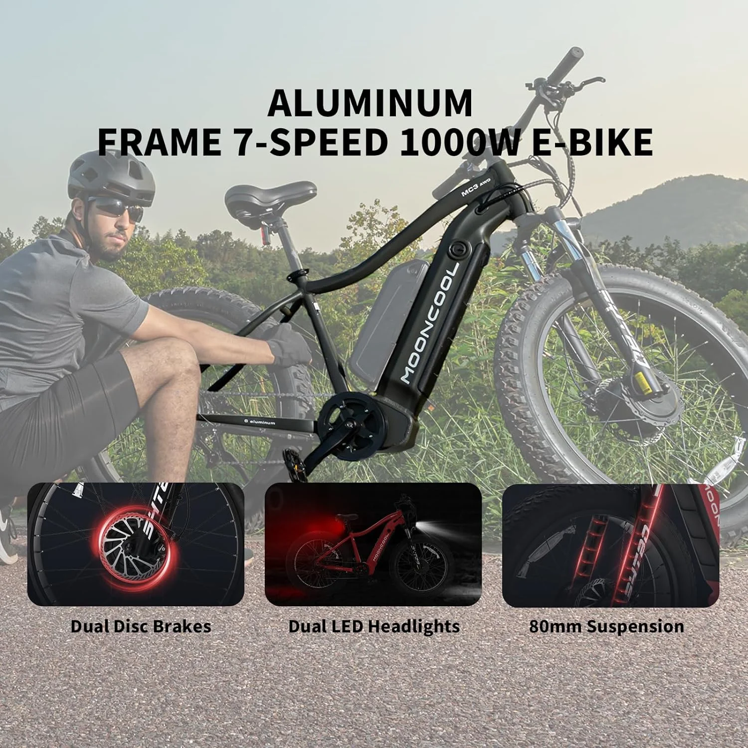 FICISOG 26" x 4" Adult Fat Tire Electric Bike , 500Wx2 Dual Motor AWD MTB, All Terrain Ebikes, 48V 15AH Removable Battery, 20MPH 7-Speed Mountain Electric Bicycle,1 Motor Range 30-45 Miles