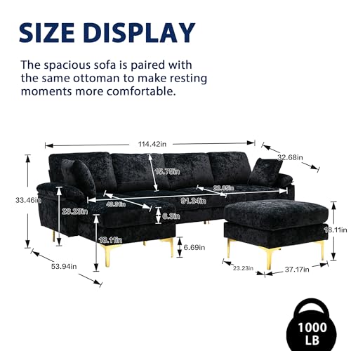 Modern Sectional Sofa, U-shaped Sofa Couch Furniture Sets with 2 Pillows, 4 Seat Sofa with Ottoman for Living Room, Hotel, Purple-A