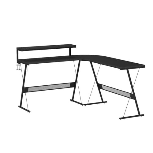 Bestier L Shaped Gaming Desk with LED 55 Inch, Large Monitor Shelf Cup Holder Headset Hook 3 Setup Ways Reversible 72 Inch Long Desk for 2 Persons, Carbon Fiber Black