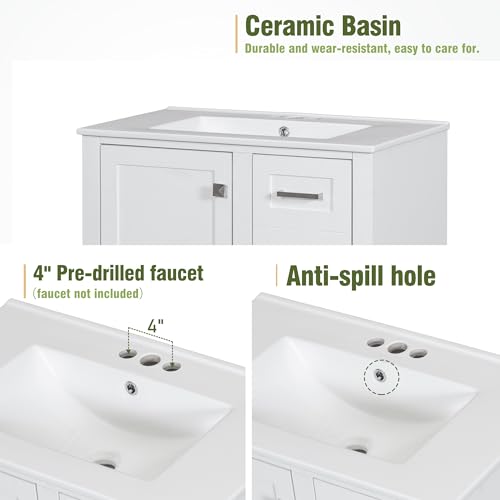 Harper & Bright Designs 30" Bathroom Vanity with Sink, Free Standing Single Basin Vanity Set with a Soft Closing Door and 3 Drawers, Solid Wood Bathroom Cabinet with Ceramic Basin for Bathroom, Green