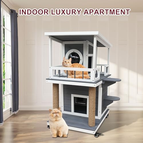 Rockever Outdoor Cat House, Large Outdoor Houses for Feral Cats Wooden Outside Cat Shelter Weatherproof with Escape Door