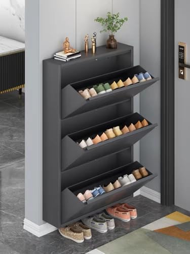 Shoe Cabinet Storage for Entryway,No-Assembly Large Shoe Rack Cabinet with 3 flip Drawers,Hidden Narrow Metal Freestanding Shoe Organizer for Living Room, Bedroom and Garage,Wall Mounted,black, Grey