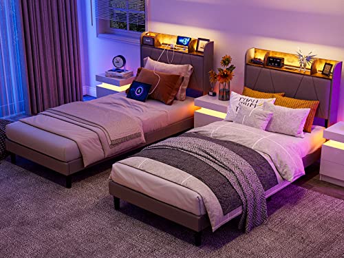 IKIFLY King Bed Frame with Charging Station & Storage Shelf Headboard - 2 Outlets and 2 USB Ports（1 Type C）- Upholstered LED Bed Frame with Solid Wood Slats, No Box Spring Needed - Light Brown