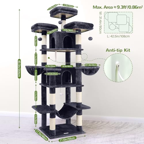 Globlazer Big Cat Tower for Indoor Cats, 80inch Cat Tower for Multiple Adult Cats XXL Cat Tree with Scratching Post, Hammock, 3 Perches, 2 Condos, 2 Hanging Basket, F80, Light Grey