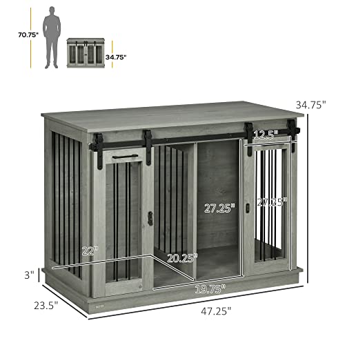 PawHut Dog Crate Furniture with Divider, Dog Crate End Table for Small to Large Dogs, Large Indoor Dog Kennel with Double Doors, 47" W x 23.5" D x 35" H, Oak
