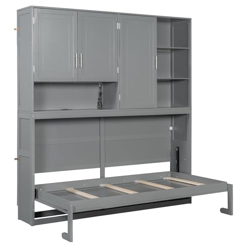 SOFTSEA Twin Murphy Bed with Storage Bookcase and Shelves, Horizontal Wall Bed with LED Light & Charging Stations, Space-Saving for Living Room, Guest Room, Bedroom, Office, Grey