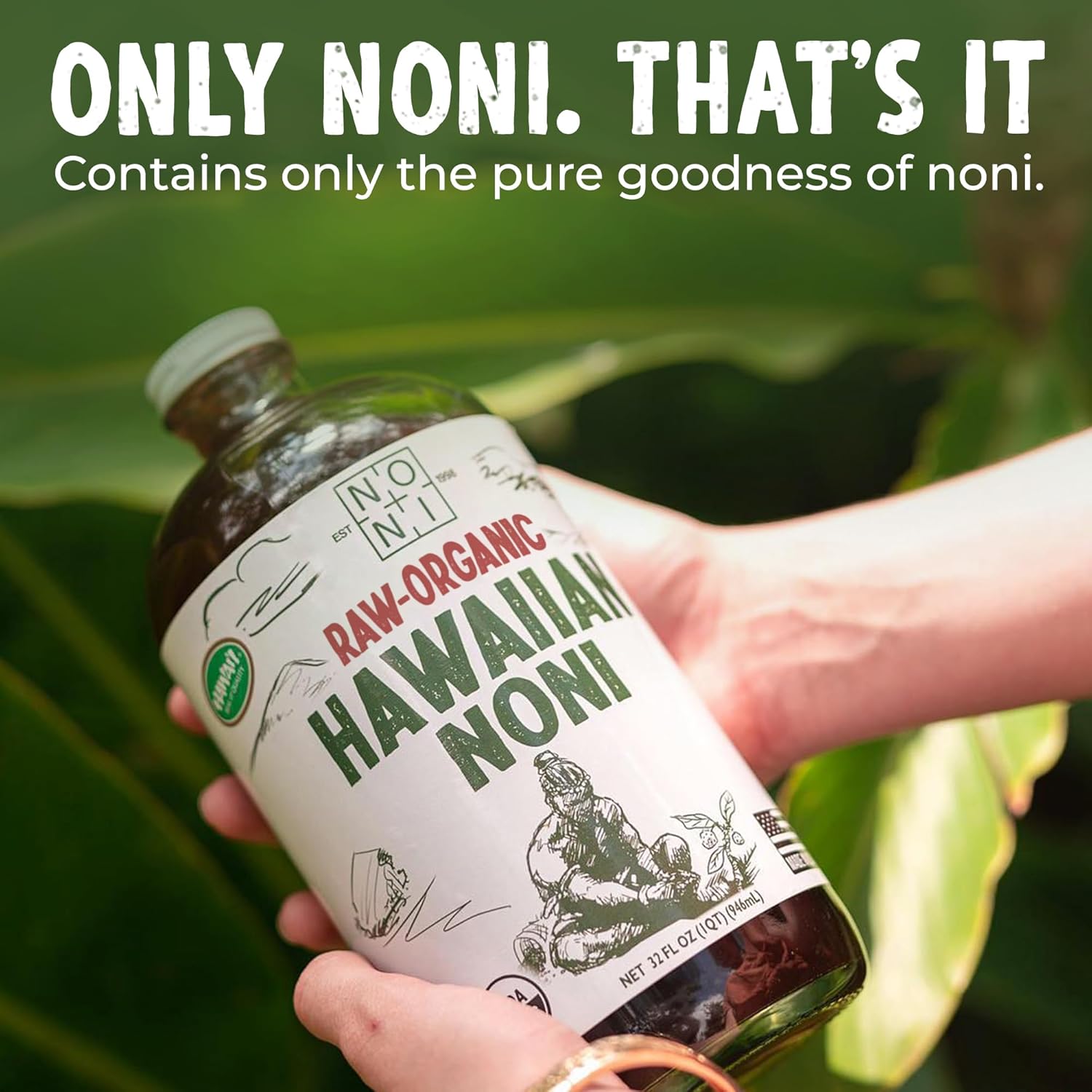 Healing Noni - 4-Pack Glass Bottle 32oz - 100% Pure Hawaiian Raw-Organic Juice - All-Natural Unsweetened Fresh Fruit - Farm Direct - USDA Certified