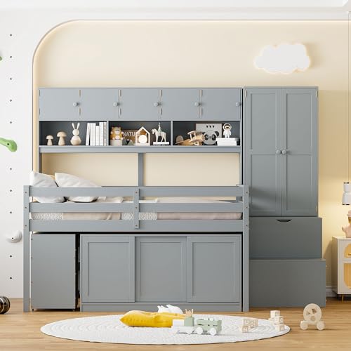 Solid Wood Low Loft Bed with All-in-One Big Storage and Mobile Desk, Twin Size Loft Bed Frame with Built-in Wardrobe and Storage Staircase for Kids Teens Boys Girls, Space-Saving, White-a