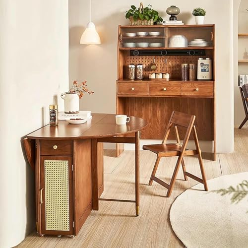 Folding Dining Table, Convertible Wood Round Dining Table for Kitchen/Farmhouse/Living Room, Space Saving Rattan Weaving Dining Room Table with Storage Space