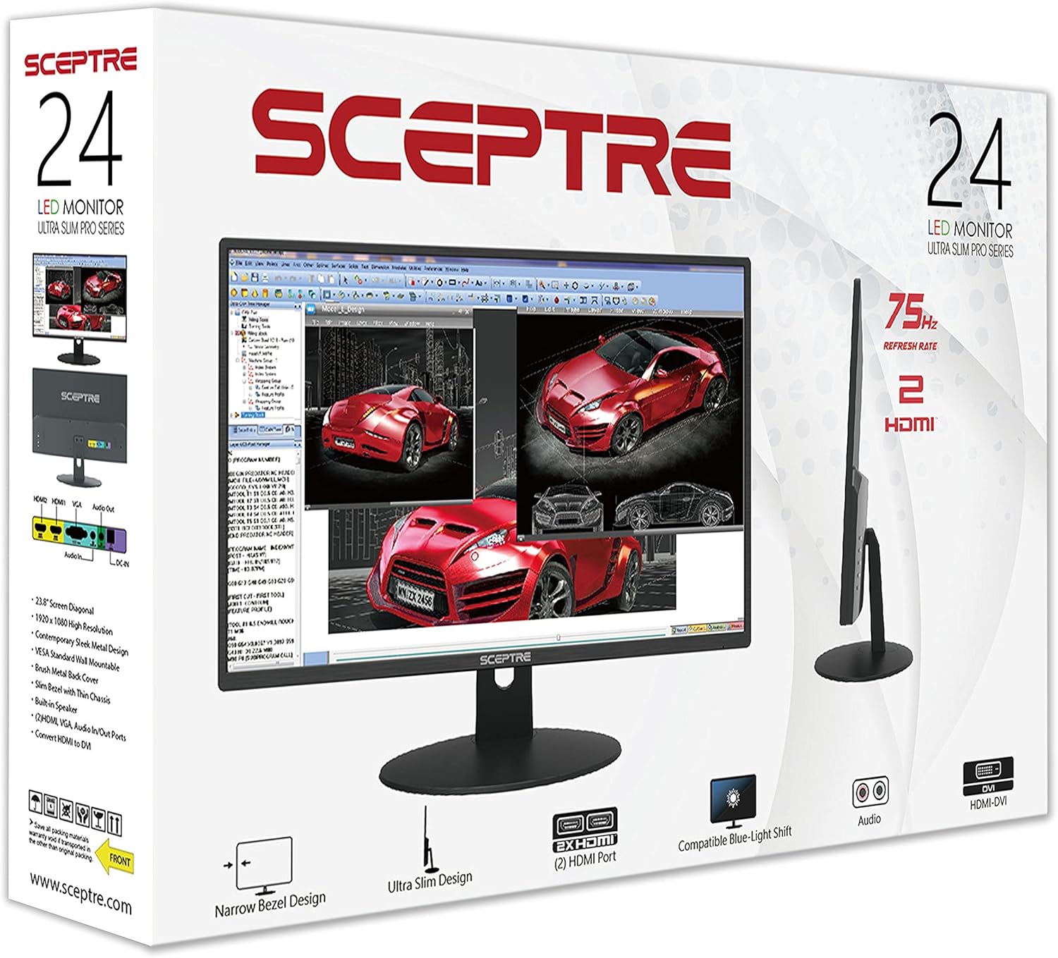 Sceptre 24 LED Monitor - 75Hz Refresh Rate - Professional Thin 1920 x 1080 FHD Resolution Computer Monitor - Built-in Speakers and VESA Mounting - HDMI + VGA Ports - Bundle with JAWFOAL HDMI Cable.