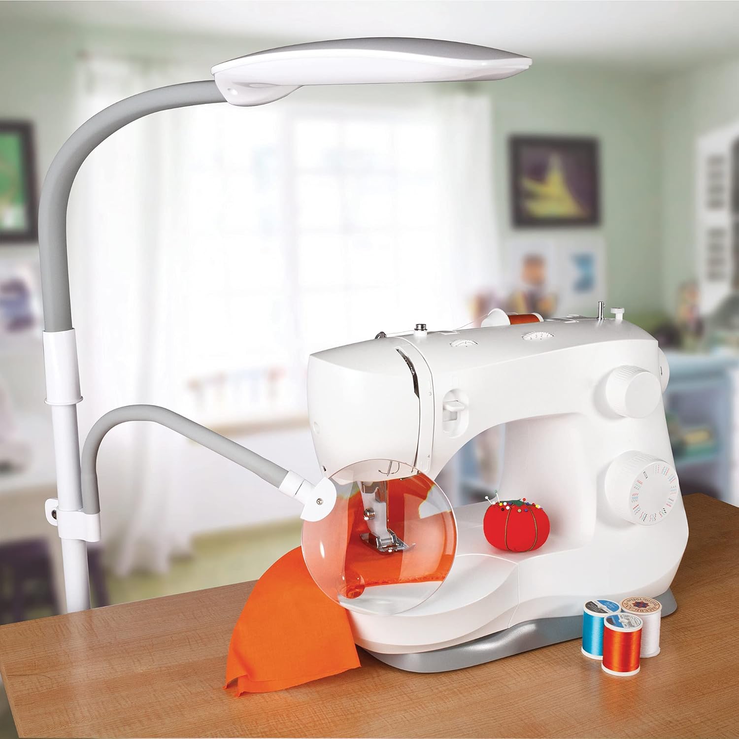 OttLite?Dimmable LED Floor Lamp with Magnifier �C Touch Sensitive Controls, 3 Brightness Levels, Adjustable Arm, Optical Grade Magnifier,?ClearSun?LED, for Sewing Table, Crafting, Office