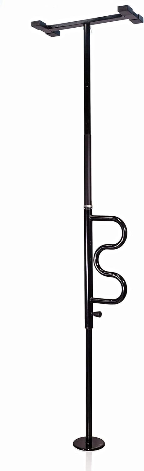Stander Security Pole and Curve Grab Bar, Elderly Tension Mounted Floor to Ceiling Transfer Pole, Bathroom Safety Assist and Stability Rail, Metallic Black