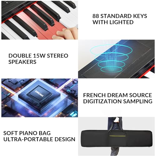 Digital Piano 88 Key Semi Weighted Keyboard, Piano Keyboard 88 Key for Beginners with Lighted Up Keys, Portable Electric Piano with Adjustable Stand,Carrying Case,Sustain Pedal,Headphone (Black)