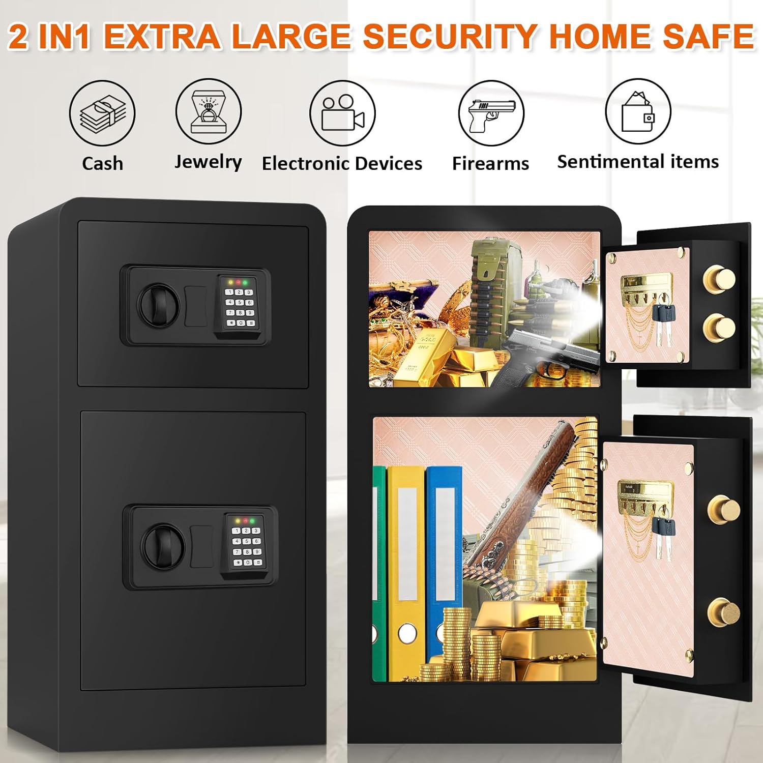 5.0 Cuft Extra Large Fireproof Safe Box with [𝑫𝒐𝒖𝒃𝒍𝒆 𝑫𝒐𝒐𝒓], Heavy Duty Digital Home Security Safe with Hidden Lock Box, Anti-Theft Fire Proof Home Safe for Money, Valuable, Document