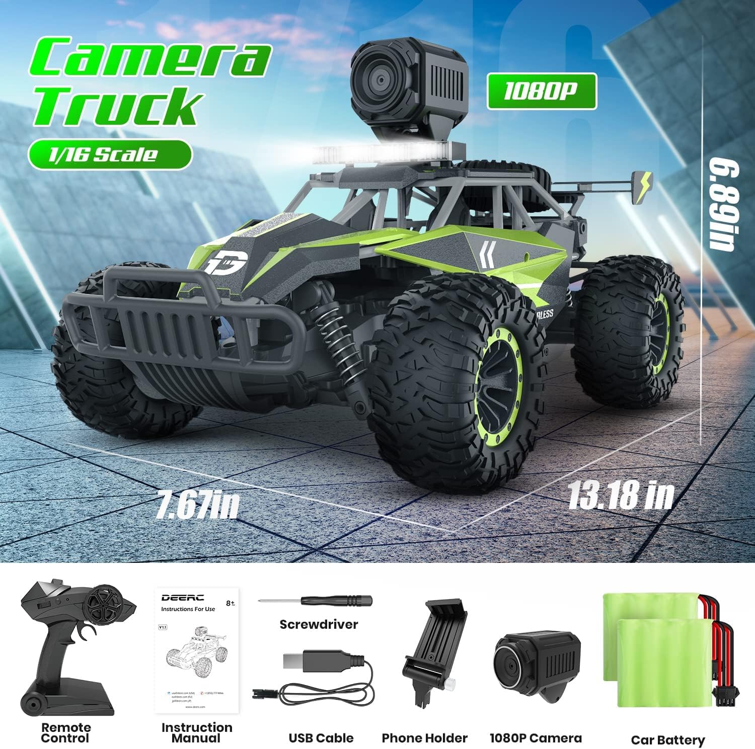 DEERC RC Cars DE36W Remote Control Car with 720P HD FPV Camera, 1/16 Scale Off-Road Remote Control Truck, High Speed Monster Trucks for Kids Adults 2 Batteries for 60 Min Play, Gift for Boys and Girls
