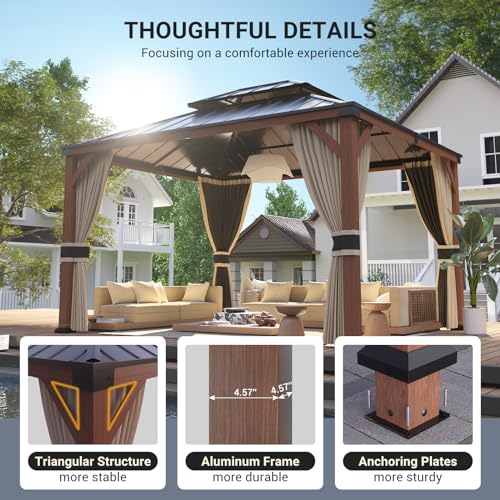 Hardtop Gazebo 10x12, Wooden Finish Outdoor Gazebo with Galvanized Steel Double Roof, Aluminum Frame Pergola for Patio Lawn, Backyard, Deck, Curtains and Netting Included, Grey