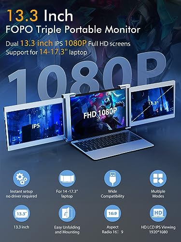 FOPO 13.3" Triple Laptop Screen Extender FHD 1080P IPS Triple Portable Monitor for 14"-17.3" Laptop, Triple Screen for Dual Screen Display, with HDMI/USB-C -S16