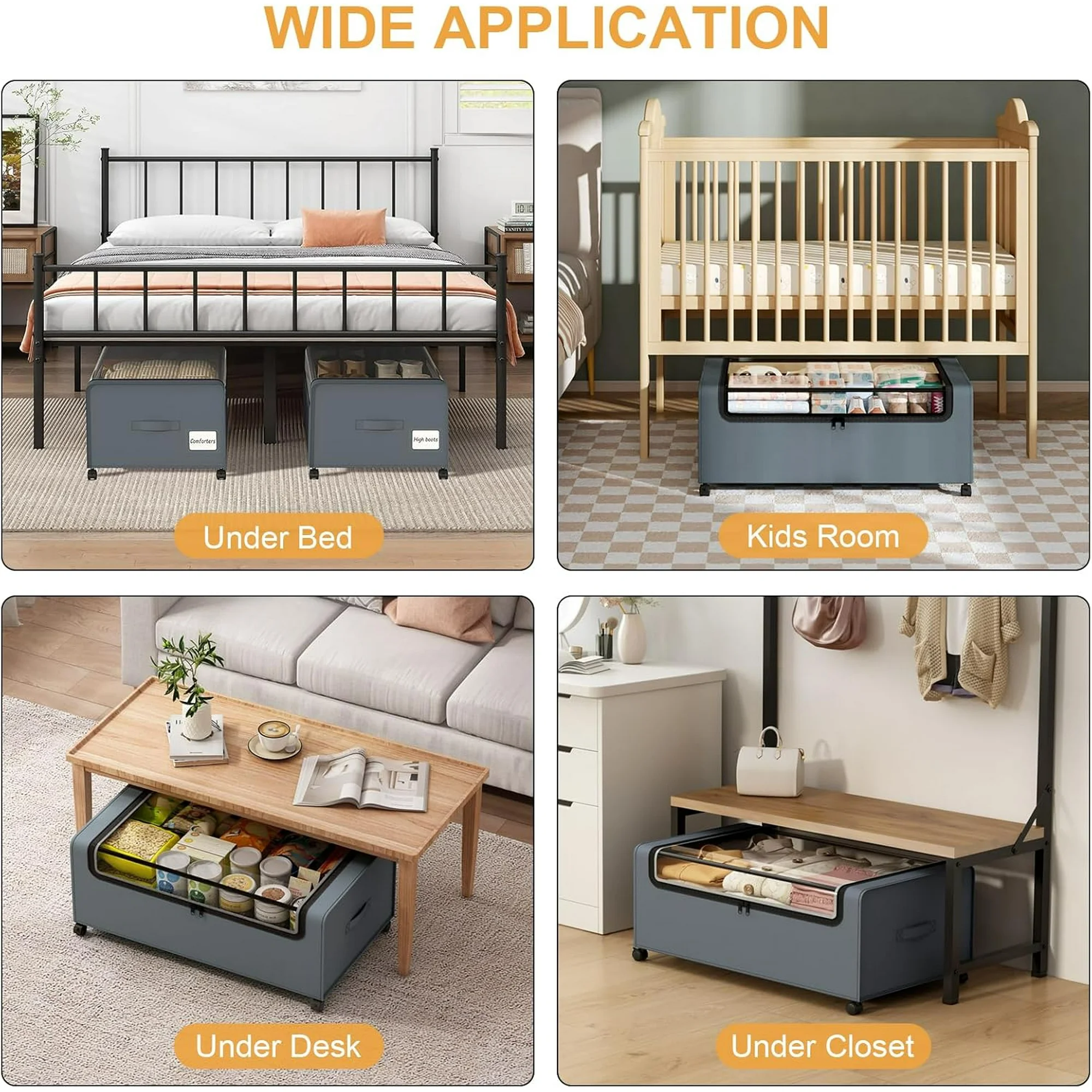 12 inch Under the Bed Storage Bins with Clear Lid, Under Bed Storage Containers with Wheels for Underneath Small Spaces Dorms, Blankets (2 Pack, Grey, 30.7x17.3x12)