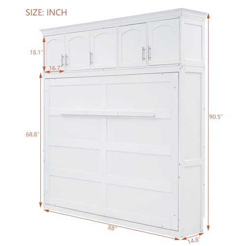 Full Murphy Bed with Cabinets, Full Size Murphy Bed Cabinet Bed, Solid Wood Wall Bed, Hidden Murphy Beds Foldable Platform Bed Frame, Horizontal Murphy Bed for Guest Room or Home Office, Grey