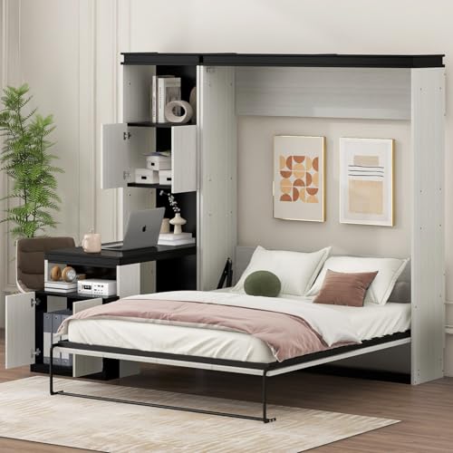 MERITLINE Full Murphy Bed with Desk & Storage Bookcase Shelves, White Wood Murphy Bed Cabinet Folding Wall Unit