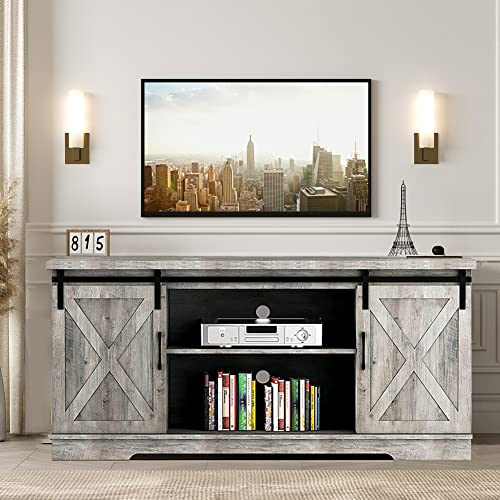 IDEALHOUSE Gray Barn Door TV Stand, Farmhouse Entertainment Center for 65 Inch TV, Modern Cabinet with Storage and Shelves, Livingroom