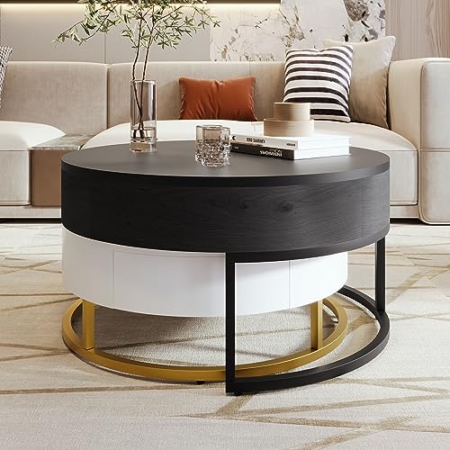 Modern Round Lift-top Nesting Coffee Tables with 2 Drawers for Living Room White & Natural