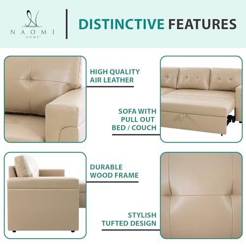 Naomi Home Jenny Sectional Sofa Sleeper with Storage Chaise, Tufted Pull Out Couch with Storage, L-Shaped Reversible Sleeper Sofa with Storage, Black,Air Leather