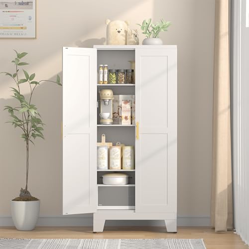 75.2" Tall Metal Pantry Cabinet, Storage Cabinets with 4 Door and 4 Adjustable Shelves, Black Kitchen Pantry Storage Cabinet, Freestanding Cupboard for Kitchen Dining Room Living Room Bathroom