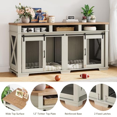 71" Dog Crate Furniture for 2 Dogs, Dog Kennel with 3 Storage Drawers & Removable Divider, Extra Large Double Dog Cage As TV Stand, Furniture Style Dog Crates with Sliding Barn Door
